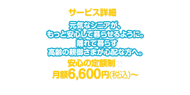 「シニアライフサポート」のサービス紹介元気なシニアが、もっと安心して暮らせるように。離れて暮らす高齢の親御さまが心配な方へ。安心の定額制で月額6,600円（税込）～※別途、初期費用33,000円（税込）が必要です。